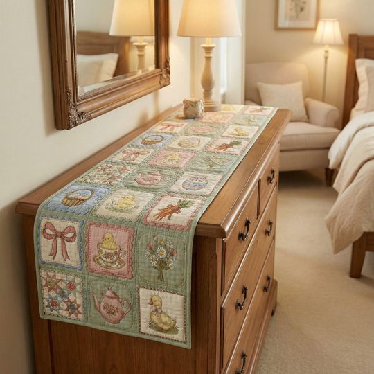Quilted Easter Table Runner  Pastel Patchwork Print, Spring Decor (