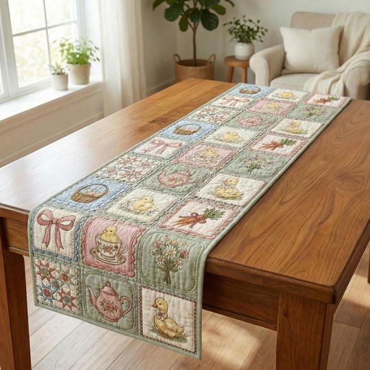 Quilted Easter Table Runner  Pastel Patchwork Print, Spring Decor (