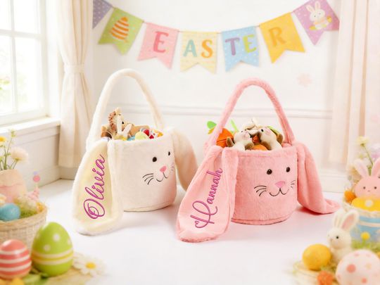 Personalized Plush Easter Rabbit Basket, Kids Bunny Basket with Embroidered Name, Custom Easter Egg Hunt Basket, Easter Gifts for Girls Boys