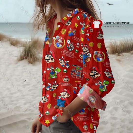 Super Mario Linen Shirt, Super Mario Shirt, Super Mario Button Down Shirt