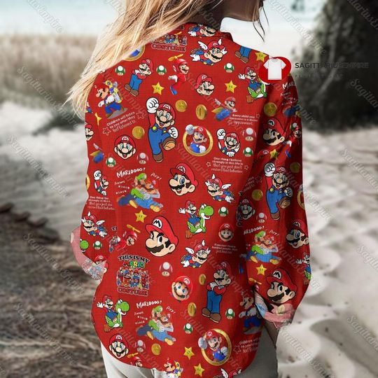 Super Mario Linen Shirt, Super Mario Shirt, Super Mario Button Down Shirt