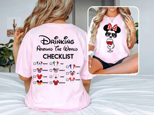 Mickey Beer Minnie Wine Front and Back, Drinking Around The World Checklist, Disney Couple Shirts, Epcot Drinking Around The World Shirt