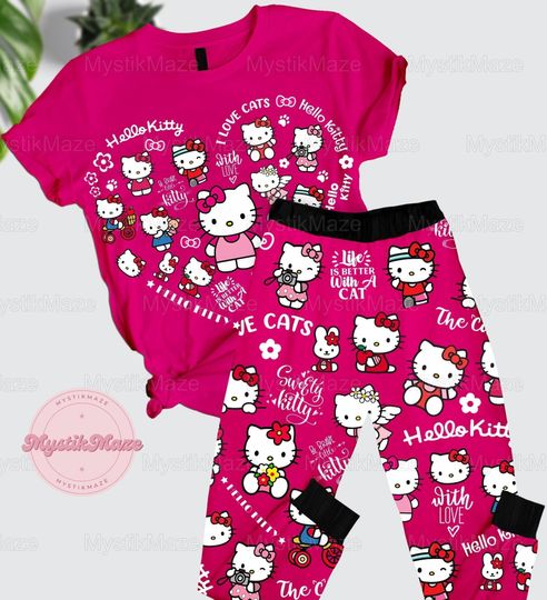 Hello Kitty T-shirt Pajamas Set, Kitty Cat Pajamas, Funny Gift