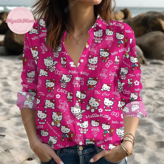 Hello Kitty Linen Shirt, Kitty Cat Linen Blouse, Hello Kitty Button Up Shirt