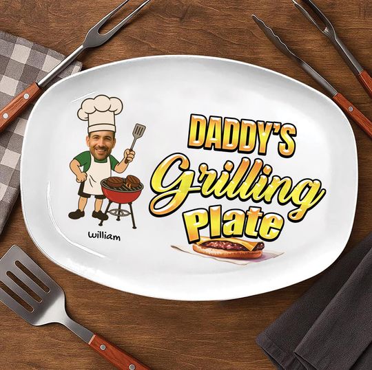 Custom Photo Daddy's Grilling Plate, Personalized Dad Platter, Fathers Day Gift, Funny Dad Gift, Personalized Platter With Photo & Name