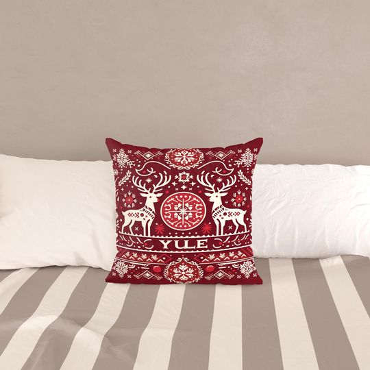 Traditional Scandinavian Yule Throw Pillow Cover with Reindeers, Geometric Yuletide Cushion, Swedish Decor, Danish Christmas, Yule Gift