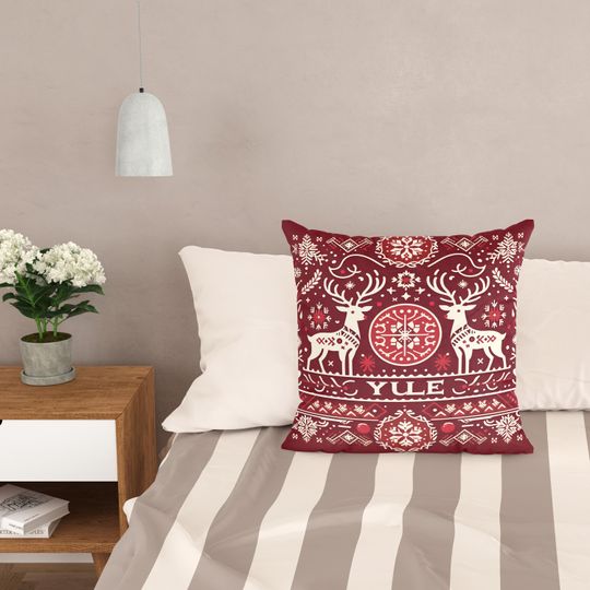 Traditional Scandinavian Yule Throw Pillow Cover with Reindeers, Geometric Yuletide Cushion, Swedish Decor, Danish Christmas, Yule Gift