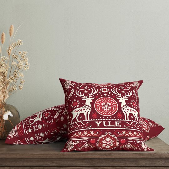 Traditional Scandinavian Yule Throw Pillow Cover with Reindeers, Geometric Yuletide Cushion, Swedish Decor, Danish Christmas, Yule Gift