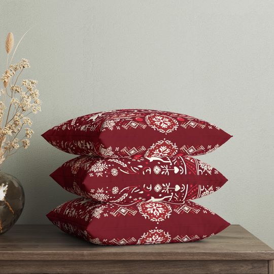 Traditional Scandinavian Yule Throw Pillow Cover with Reindeers, Geometric Yuletide Cushion, Swedish Decor, Danish Christmas, Yule Gift