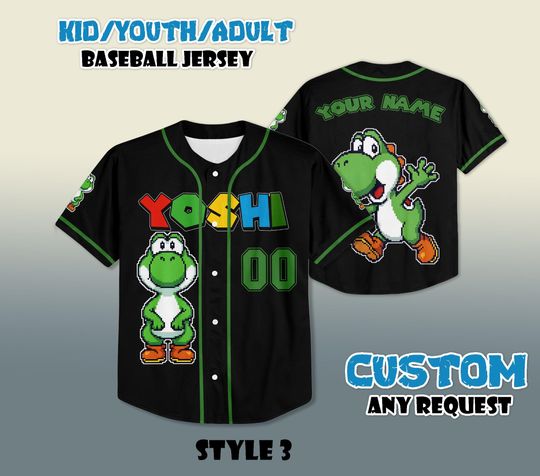Custom Yoshi Baseball Jersey, Personalized Super Mario Family Shirt
