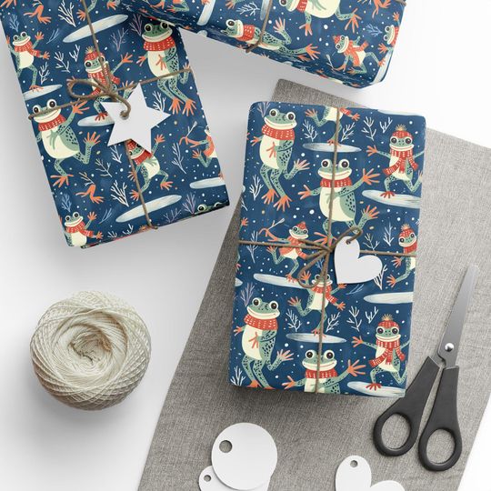Christmas Wrapping Paper Skating Frogs Navy Blue Snowflakes Red Scarves Winter Gift Wrap For Kids Teens Nature Lovers