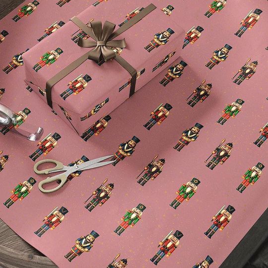 Nutcracker Christmas Wrapping Paper on Dusty Pink Elegant Toy Soldier Gift Wrap for Holiday Presents