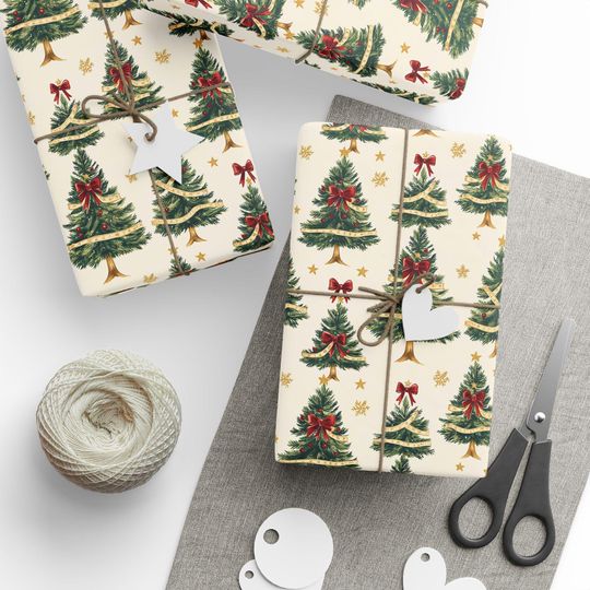Vintage Christmas Tree Wrapping Paper Cream with Red Bow and Gold Ribbon