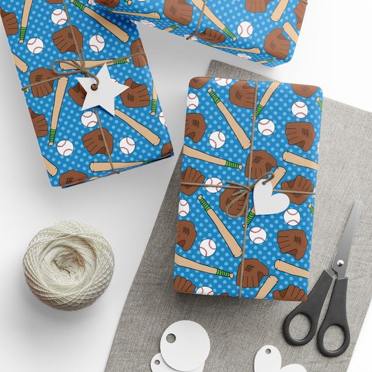 Blue Baseball Wrapping Paper: Bats, Gloves, Baseballs