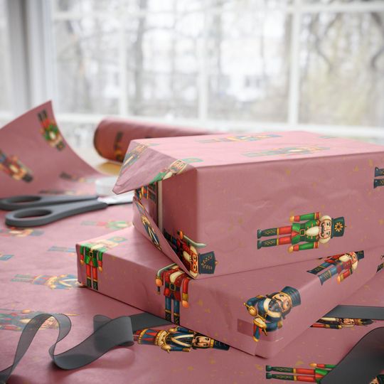 Nutcracker Christmas Wrapping Paper on Dusty Pink Elegant Toy Soldier Gift Wrap for Holiday Presents