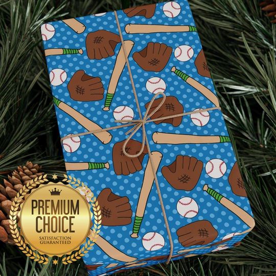 Blue Baseball Wrapping Paper: Bats, Gloves, Baseballs