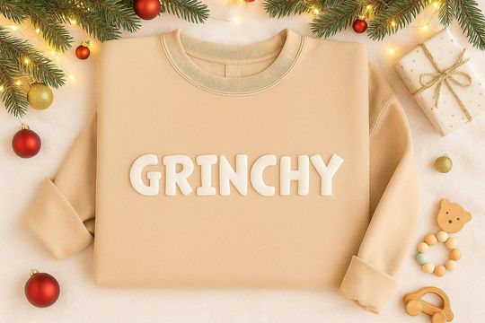 Embossed Grin Sweatshirt, Puff Print Christmas Crewneck