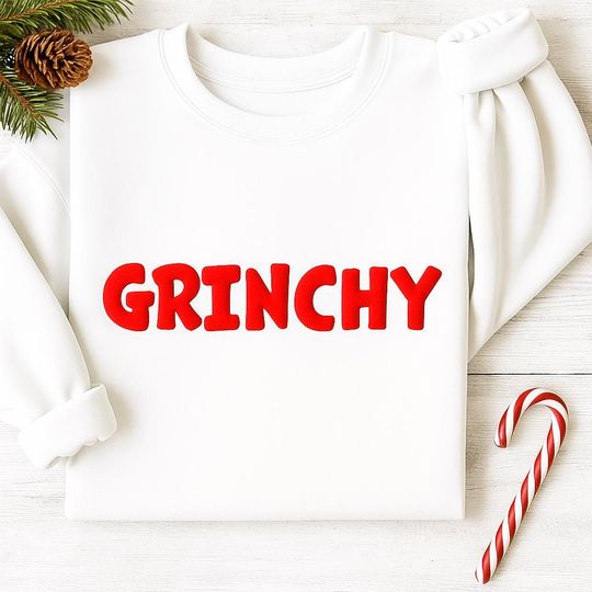 Embossed Grin Sweatshirt, Puff Print Christmas Crewneck