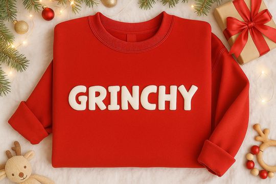 Embossed Grin Sweatshirt, Puff Print Christmas Crewneck