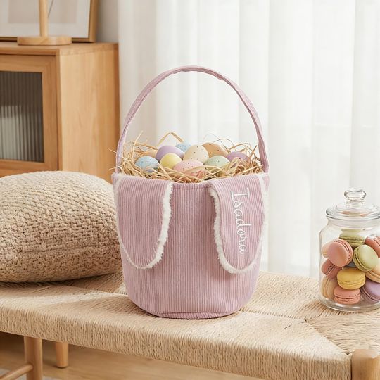Personalized Easter Bunny Basket, Embroidered Corduroy Easter Basket, Custom Easter Egg Hunt Basket, Easter Gift