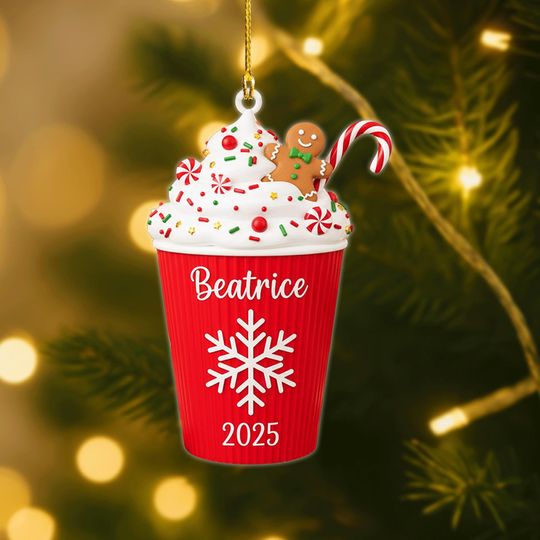 Personalized Christmas Cup Ornament, Mug with Gingerbread & Candy, Holiday Tree Gift for Hot Cocoa And Winter Lovers