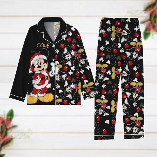 Custom Christmas Name Pajamas, Mickey Santa Pajamas Set, Disney