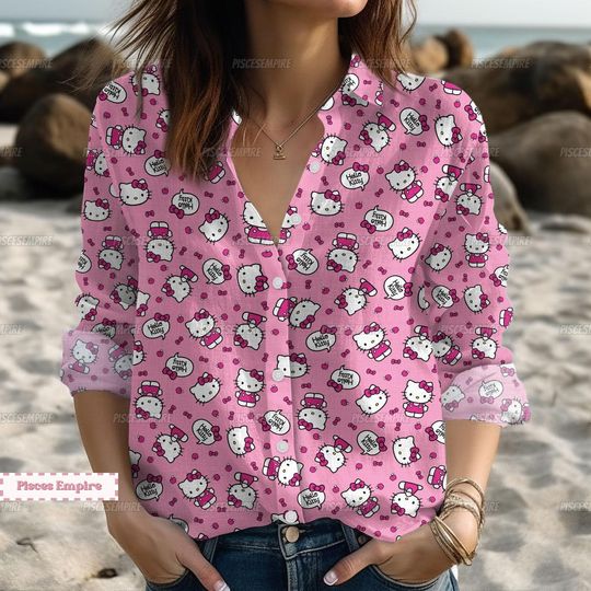 Hello Kitty Shirt, Hello Kitty Linen Shirt, Hello Kitty Linen Blouse