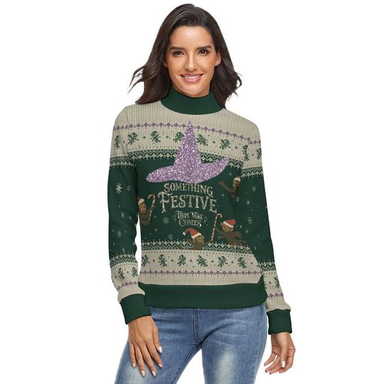 Wicked Inspired Christmas Turtleneck Sweater: Festive Flying Monkeys, Glitter-Effect Witch Hat