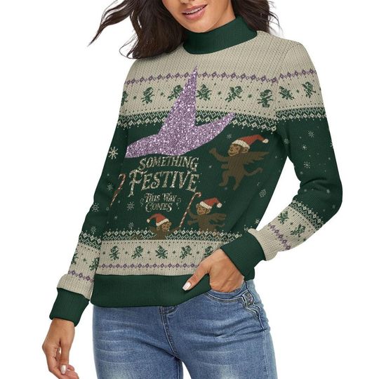 Wicked Inspired Christmas Turtleneck Sweater: Festive Flying Monkeys, Glitter-Effect Witch Hat