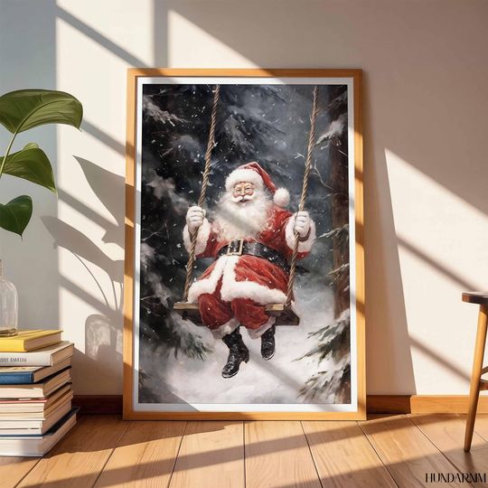 Santa on Swing Winter Forest Poster