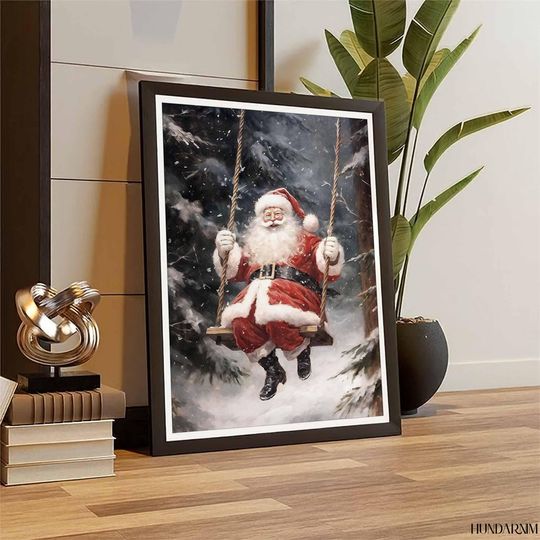 Santa on Swing Winter Forest Poster