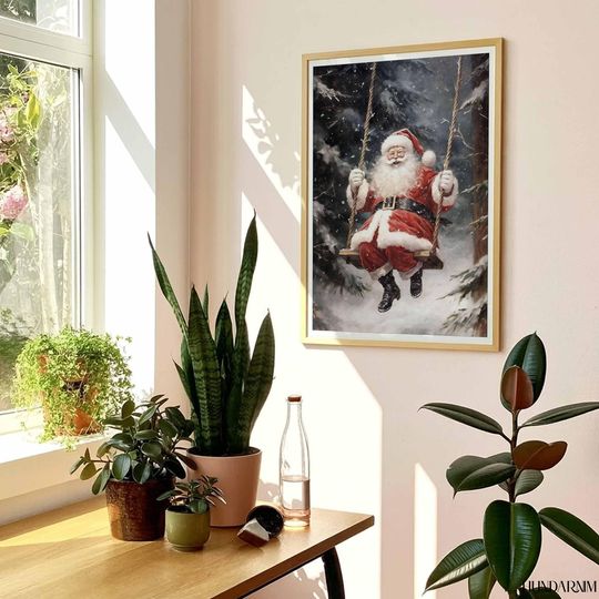 Santa on Swing Winter Forest Poster