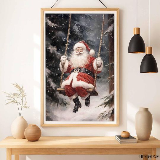 Santa on Swing Winter Forest Poster