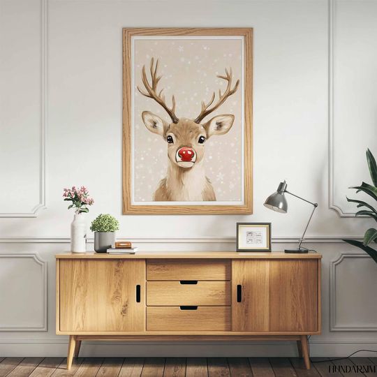 Cute Red-Nose Reindeer Vertical Poster - Minimal Christmas Wall Art