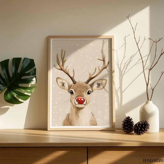 Cute Red-Nose Reindeer Vertical Poster - Minimal Christmas Wall Art