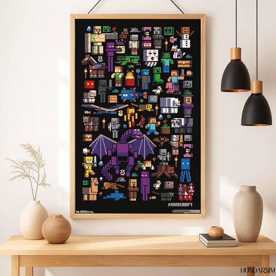 Minecraft Characters Poster, Pixel Art Wall Print, Gamer Room Decor