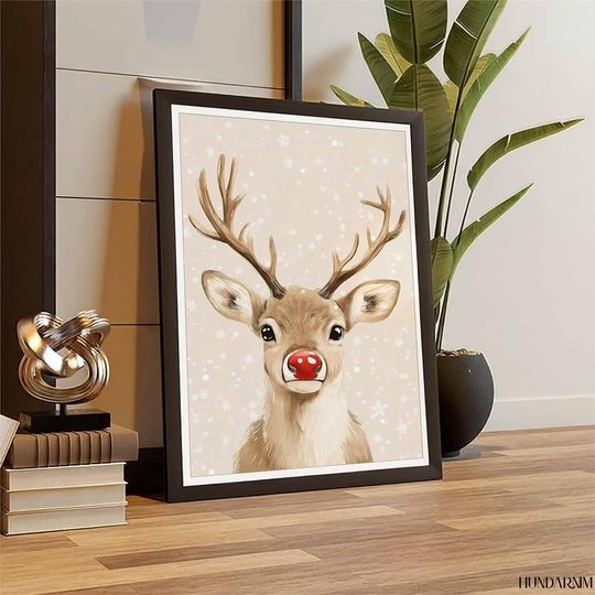 Cute Red-Nose Reindeer Vertical Poster - Minimal Christmas Wall Art