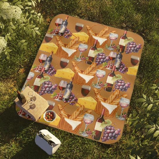 Wine & Cheese Picnic Mat , Outdoor Mat for Summer Gatherings, Ideal for Romantic Dates, Festivals, Camping Trips, Ideal Gift