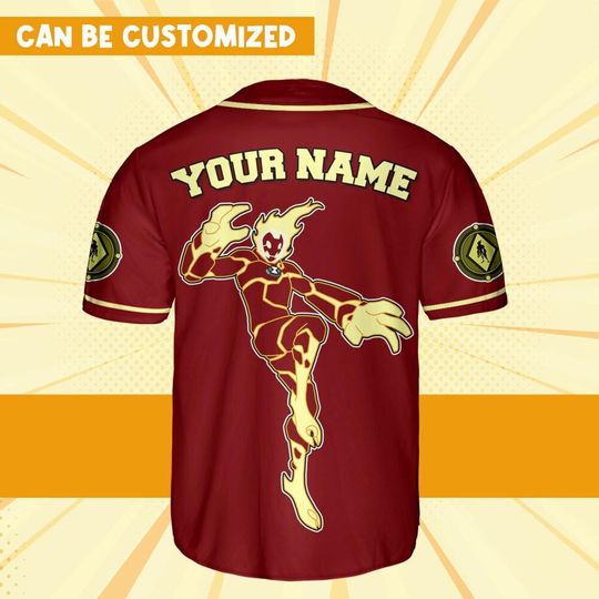 Personalize Ben 10 Pyronite Red Yellow Jersey, Cartoon Baseball Team Outfit