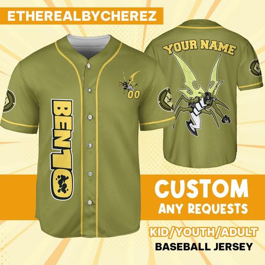 Personalize Ben 10 Lepidopterran Green Yellow Jersey, Cartoon Baseball Team Outfit