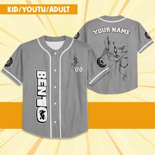Personalize Ben 10 Ectonurite Gray White Jersey, Cartoon Baseball Team Outfit