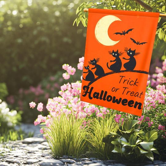 Halloween scary and cute black cat garden flag, fall home gift