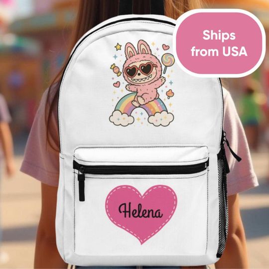 Personalized Preppy Labubu Backpack - White Back to School Bag for Girls