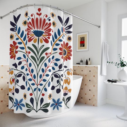 Vibrant Scandinavian Shower Curtain Nordic floral folk art shower curtain