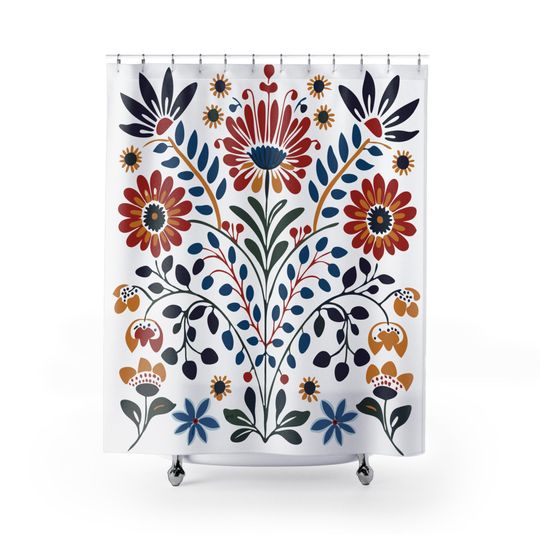 Vibrant Scandinavian Shower Curtain Nordic floral folk art shower curtain