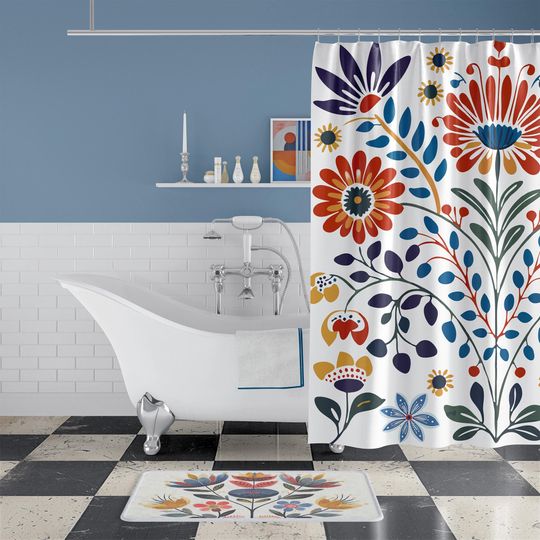 Vibrant Scandinavian Shower Curtain Nordic floral folk art shower curtain