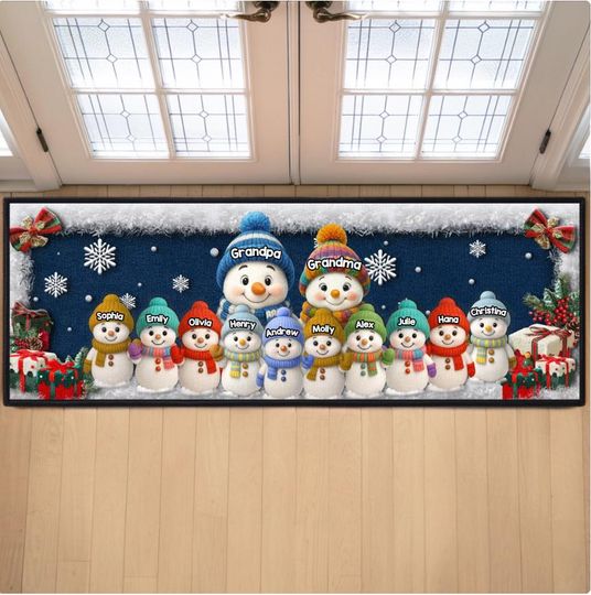 Christmas Snowman Runner Rug with Custom Grandkids’ Names for Mom and Dad
