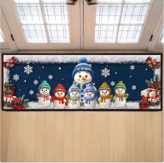 Christmas Snowman Runner Rug with Custom Grandkids’ Names for Mom and Dad