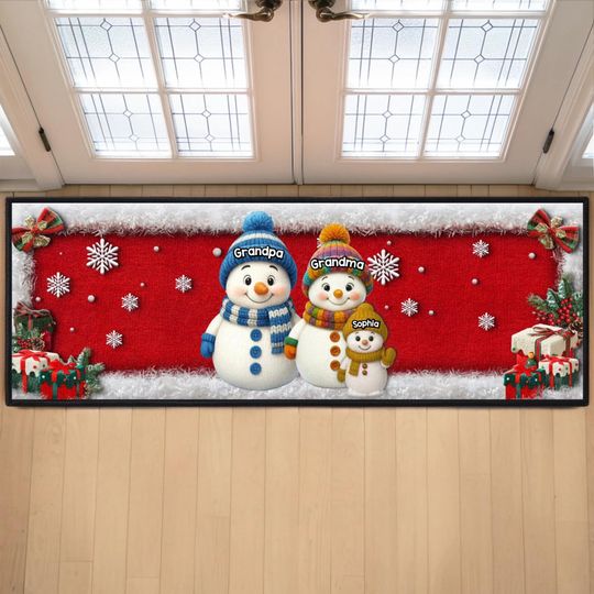Christmas Snowman Runner Rug with Custom Grandkids’ Names for Mom and Dad