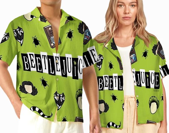 Vintage Horror Beetlejuice Hawaiian Shirt, Beetlejuise Halloween Button Up Shirt-Beetlejuice 1988 Movie Shirt, Halloween Hawaii Shirt